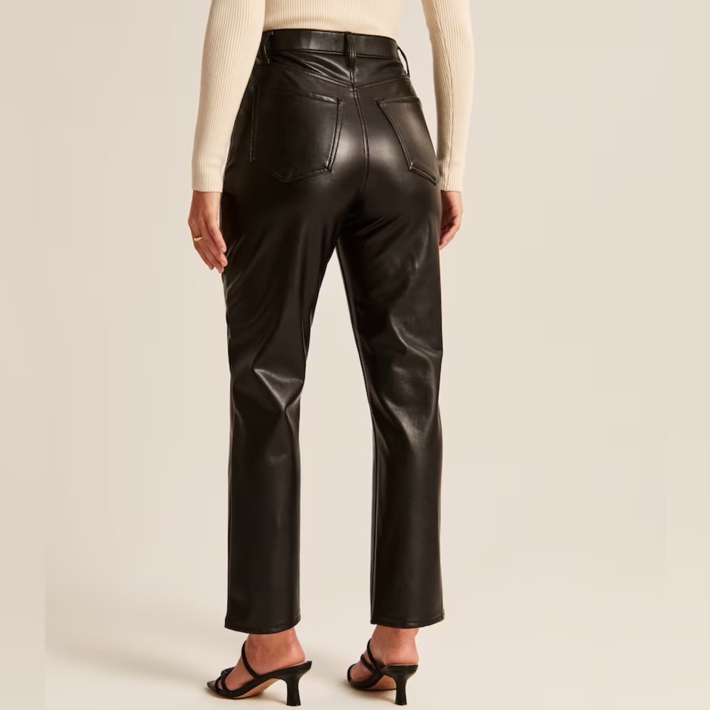 Abercrombie Black Curve Love Vegan Leather Ankle Straight Pant with Split Hem